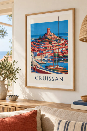 Poster torre Barberousse di Gruissan sopra i tetti e il porto : incorniciato alla parete