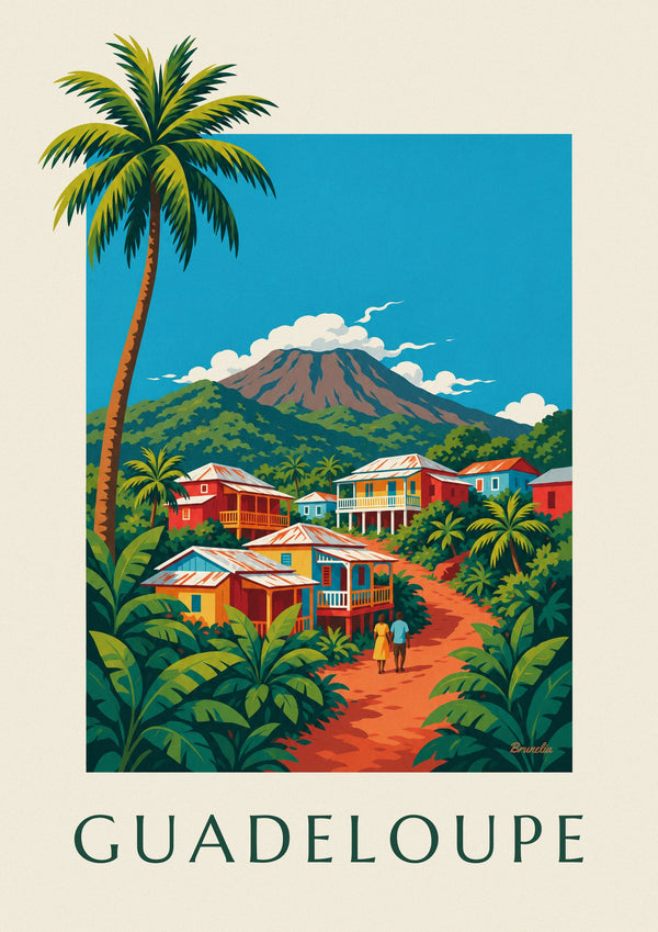 Creole houses and La Soufrière volcano in Guadeloupe poster