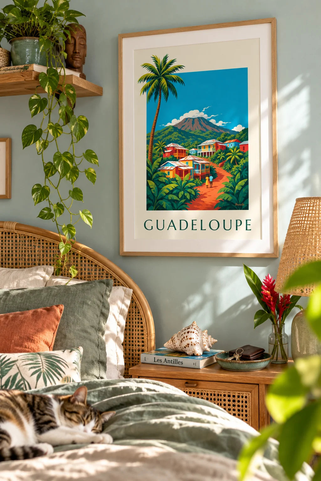 Poster con case creole e vulcano della Soufrière in Guadalupa: incorniciato alla parete