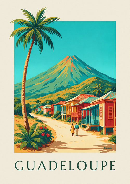 Affiche maisons créoles et volcan de la Soufrière en Guadeloupe : l'affiche entière