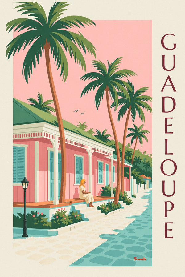 Poster casa creola rosa sotto le palme da cocco in Guadalupa