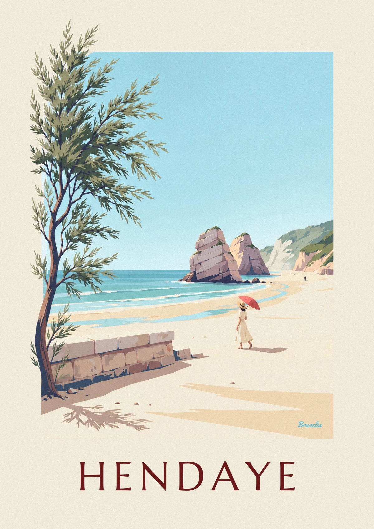 Poster donna con ombrellino rosso sulla spiaggia di Hendaye