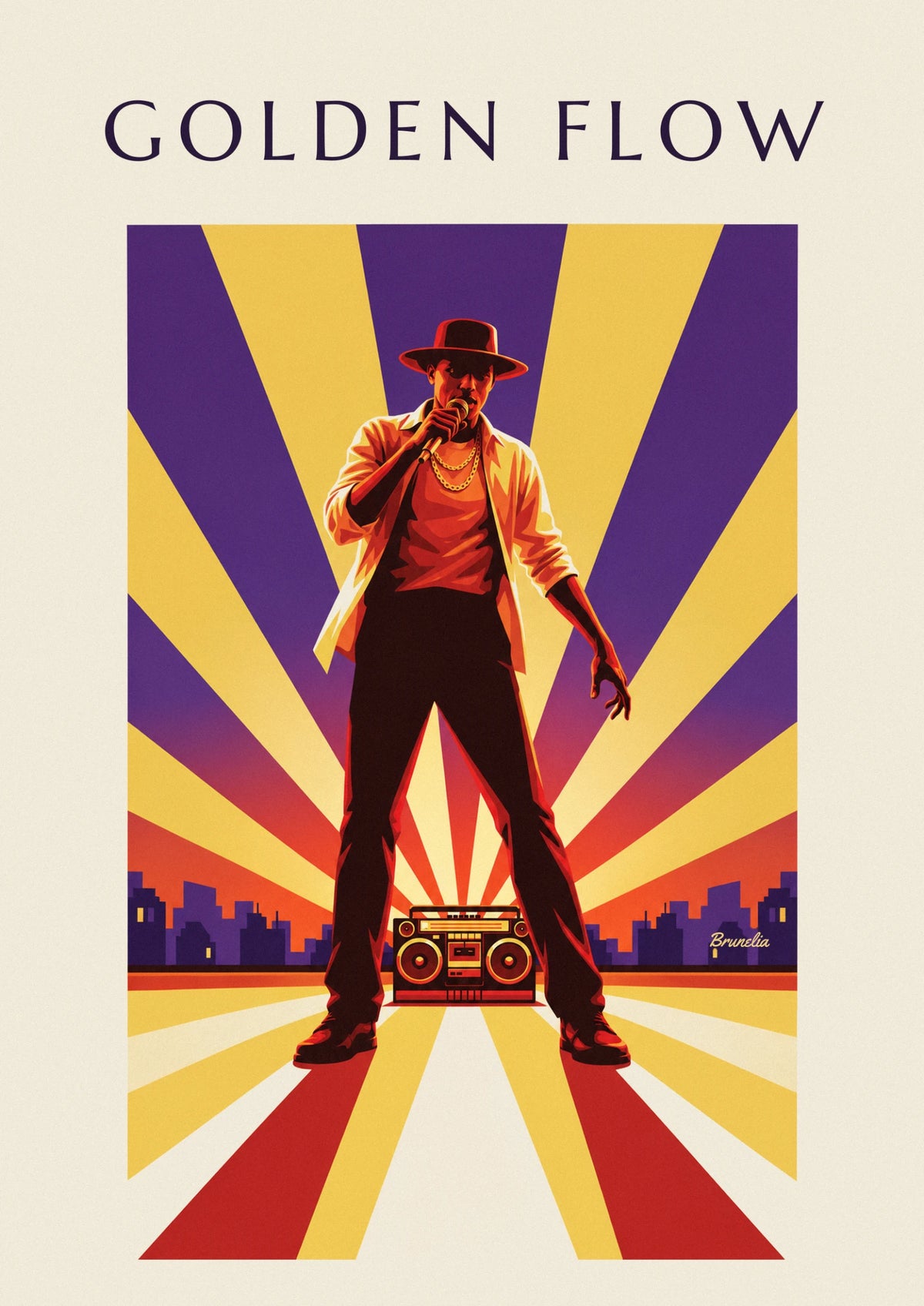 Hip-hop artist with gold chain on a city rooftop poster