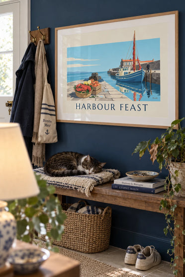 Affiche homard rouge, tomates et citron sur la cale du port : encadrée au mur