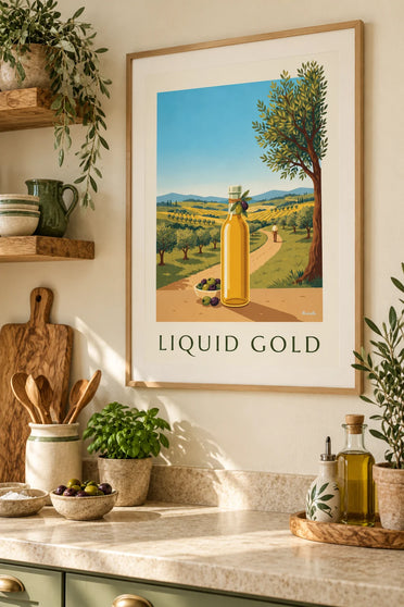 Affiche huile d'olive extra vierge et olives : encadrée au mur
