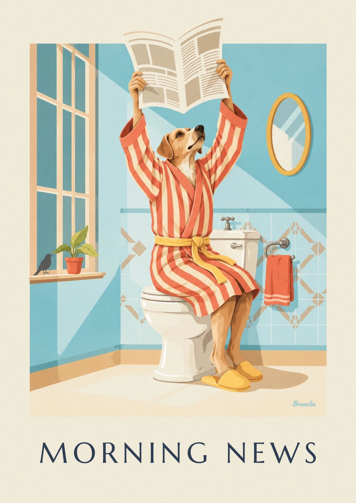 Dog in a bathrobe reading the newspaper on the toilet poster