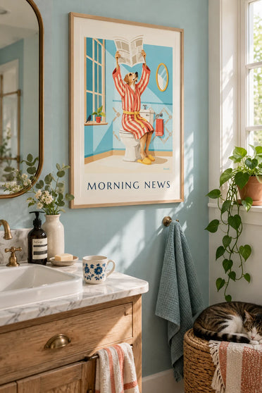 Poster of a dog in a bathrobe reading the newspaper on the toilet: framed on the wall