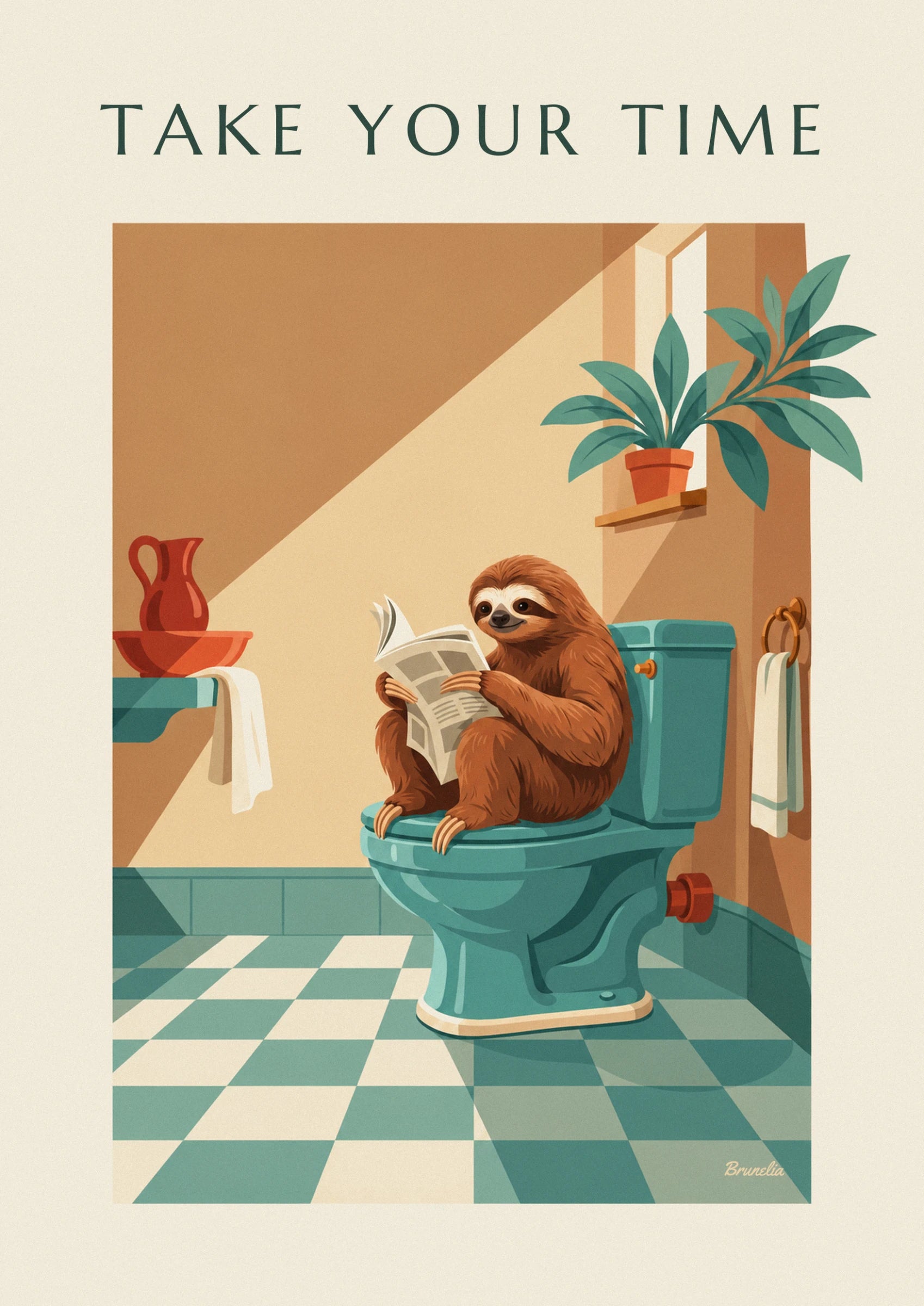 Le paresseux au pelage roux qui lit son journal sur des toilettes turquoise, plante en pot au-dessus