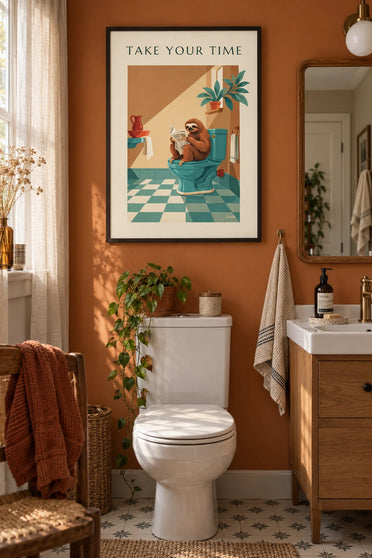 Poster umoristico con bradipo che legge il giornale in bagno: incorniciato alla parete