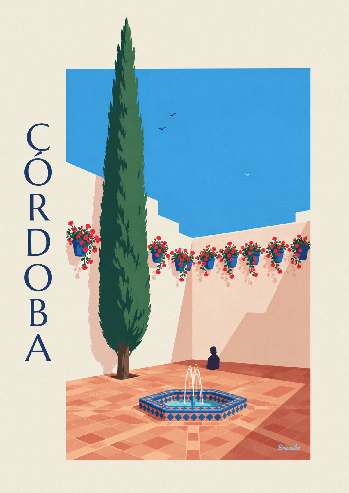 Affiche patio fleuri de géraniums et fontaine à Cordoue