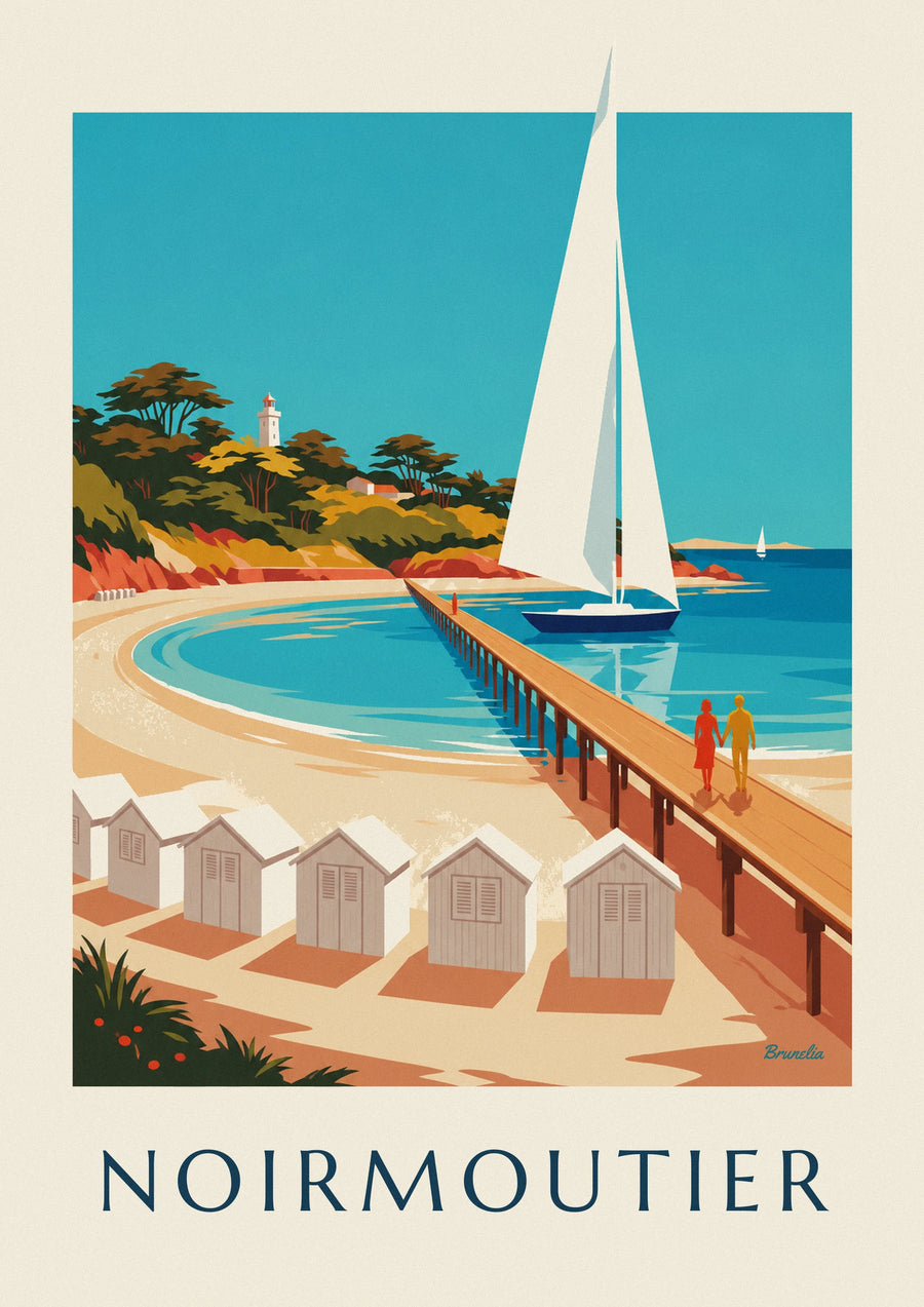 Poster gestreifte Strandkabinen und Steg auf Noirmoutier