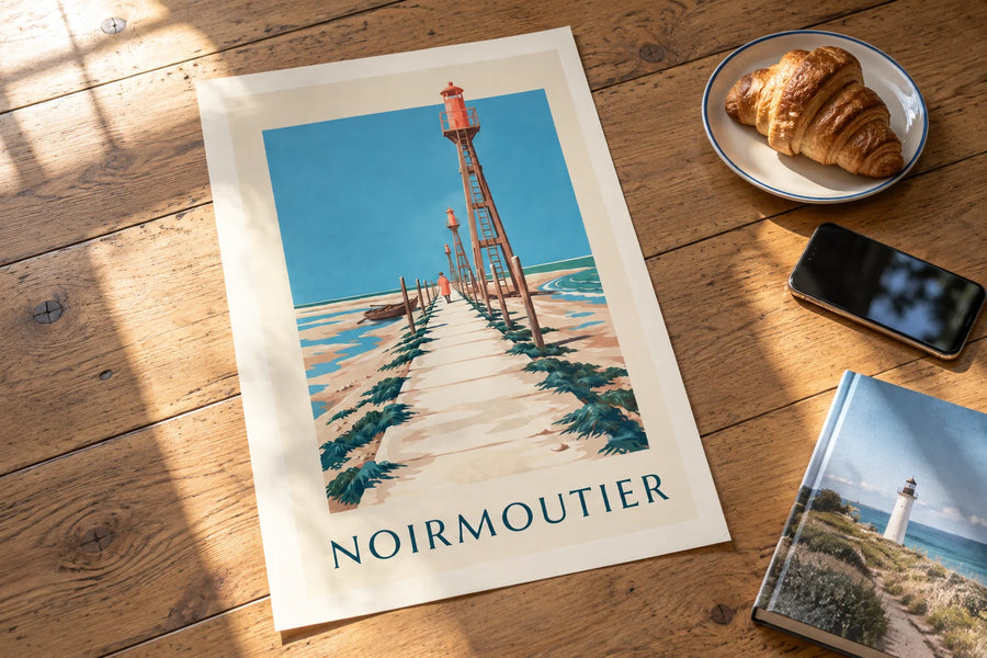 Affiche passage du Gois et barque à Noirmoutier à marée basse : posée sur une table