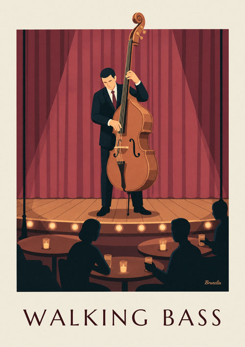 Poster of a jazz double bassist on stage in front of the red curtain: the full poster