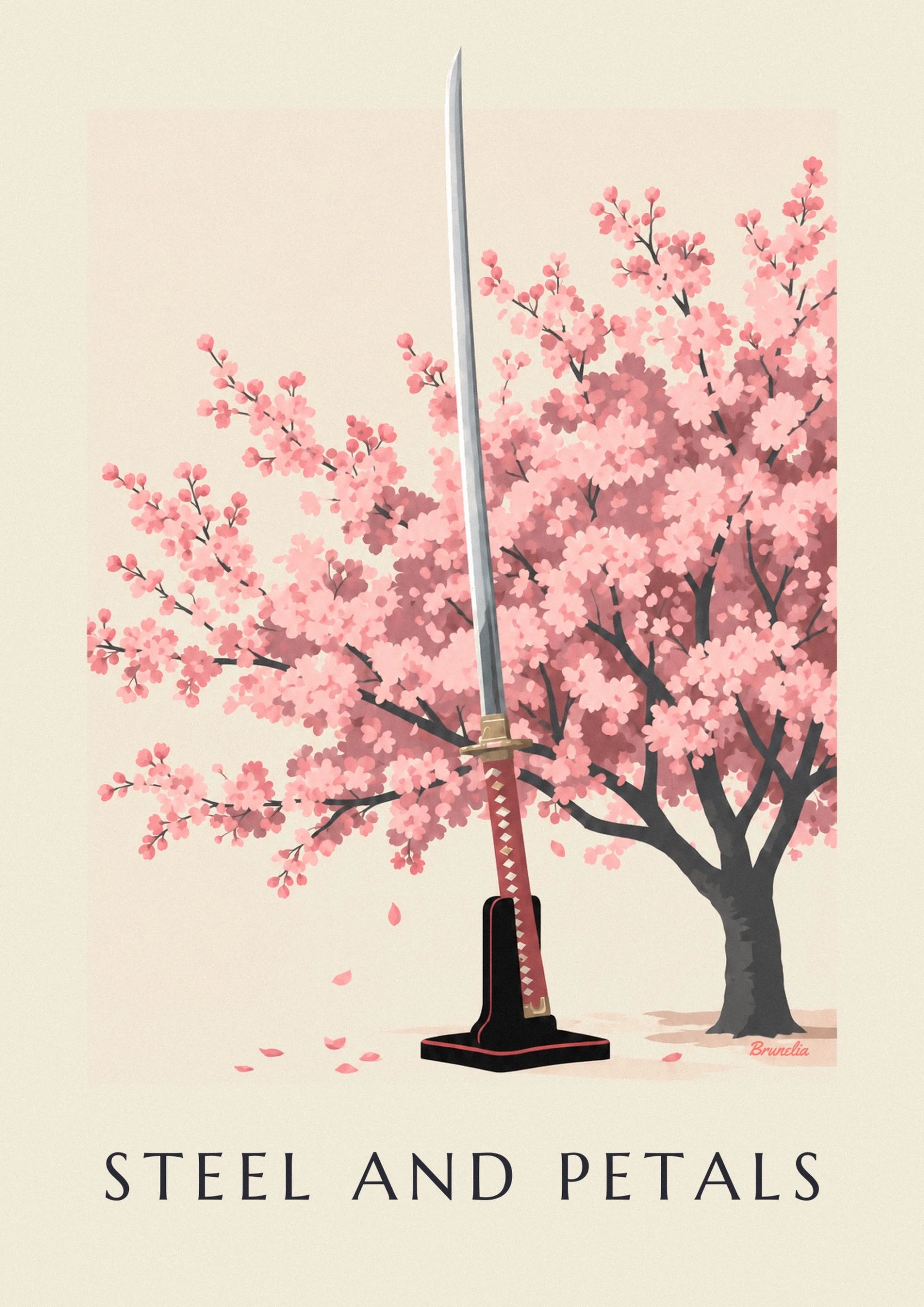 La lame argentée du katana parmi les fleurs de cerisier roses
