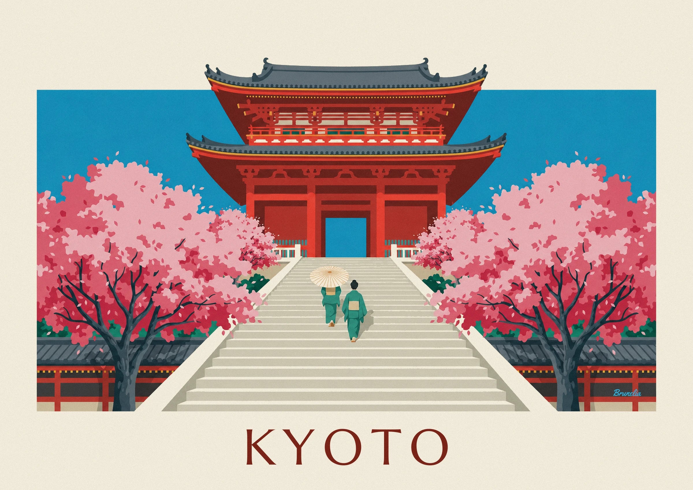Die zinnoberrote Fassade des Kiyomizu-dera mit ihren roten Balken und grauen Dächern