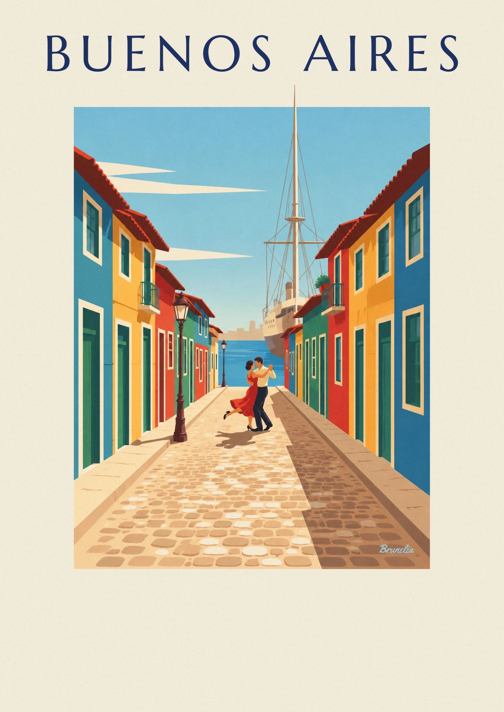 A tango couple in a red dress and a light shirt on a colourful street in La Boca