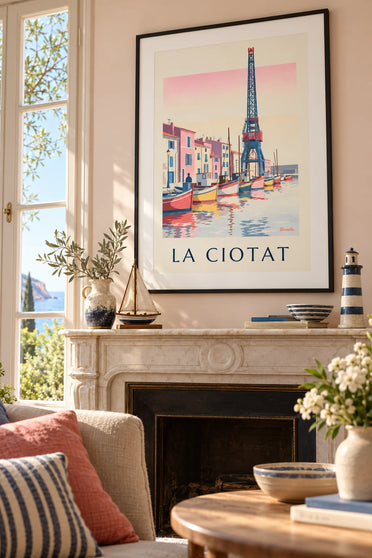 Affiche barques colorées du port de La Ciotat et son chantier : encadrée au mur