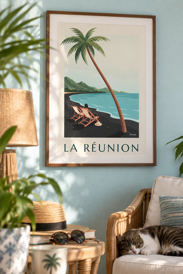 Poster Liegestühle mit Blick aufs Meer auf La Réunion: gerahmt an der Wand