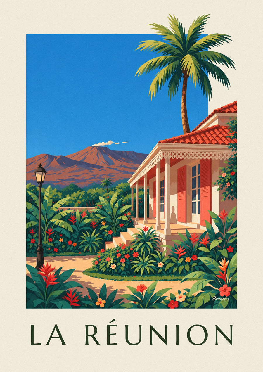 Poster Kreolisches Haus und Piton de la Fournaise auf La Réunion