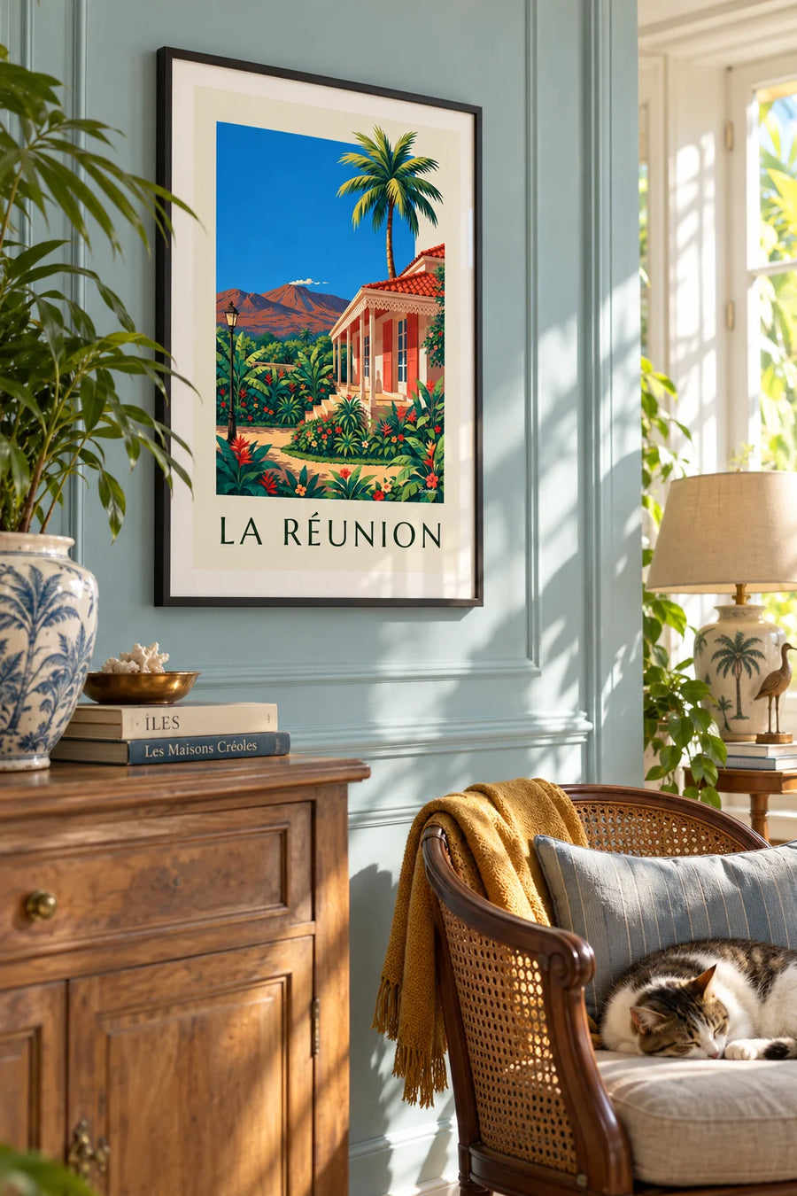 Poster kreolisches Haus und Piton de la Fournaise auf La Réunion: gerahmt an der Wand