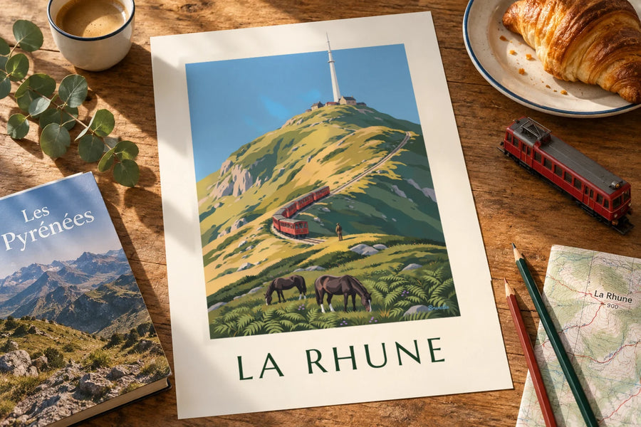 Poster trenino della Rhune nei Paesi Baschi: appoggiato su un tavolo