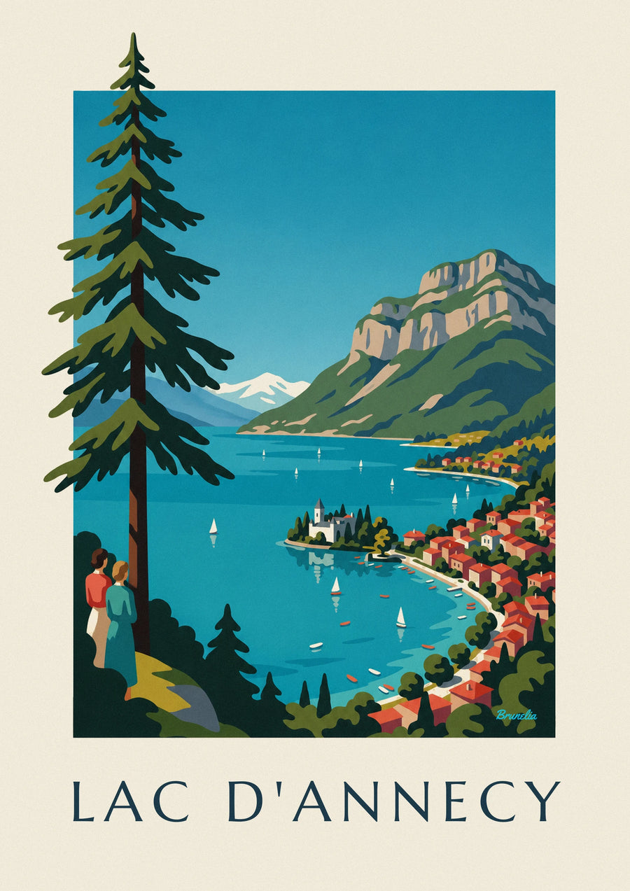 Poster lago di Annecy nelle Alpi, barche a vela e Tournette