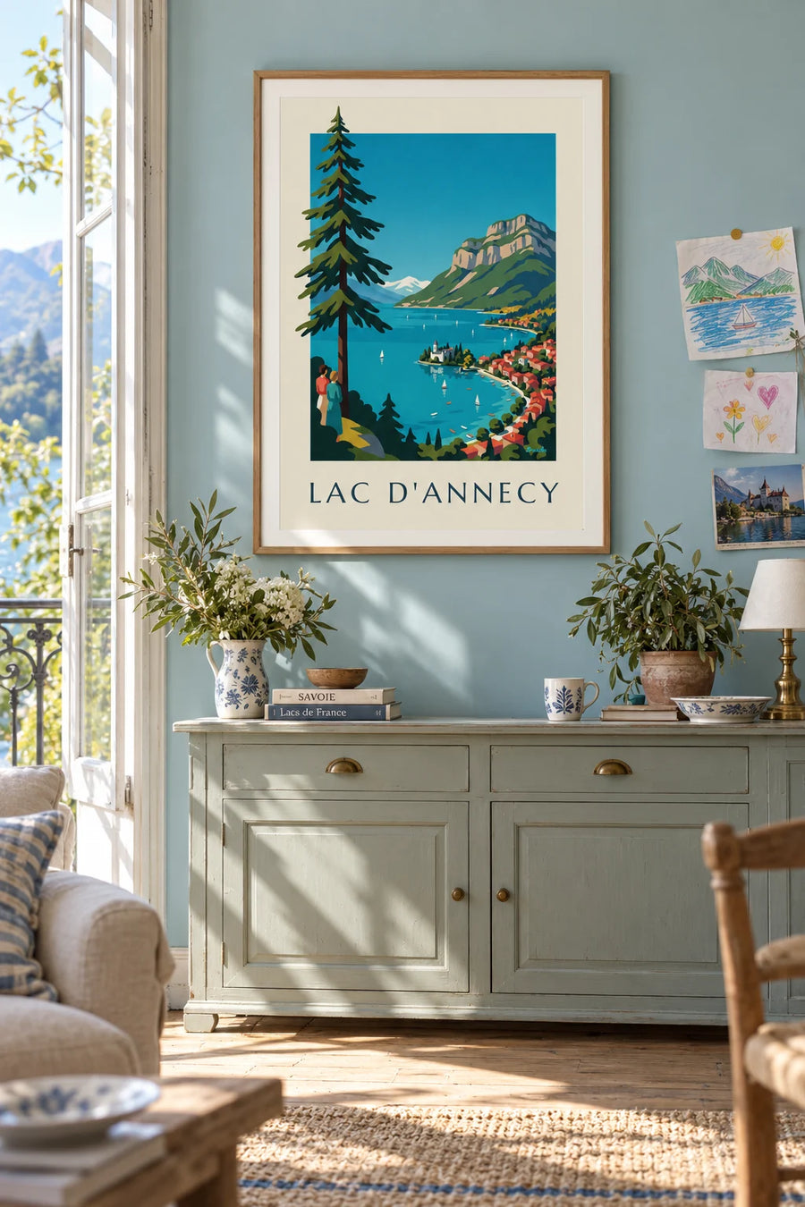 Poster Lac d'Annecy in den Alpen, Segelboote und Tournette: gerahmt an der Wand