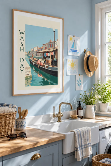 Poster Waschschiff am Kai vertäut, Hemden unter dem Vordach: gerahmt an der Wand