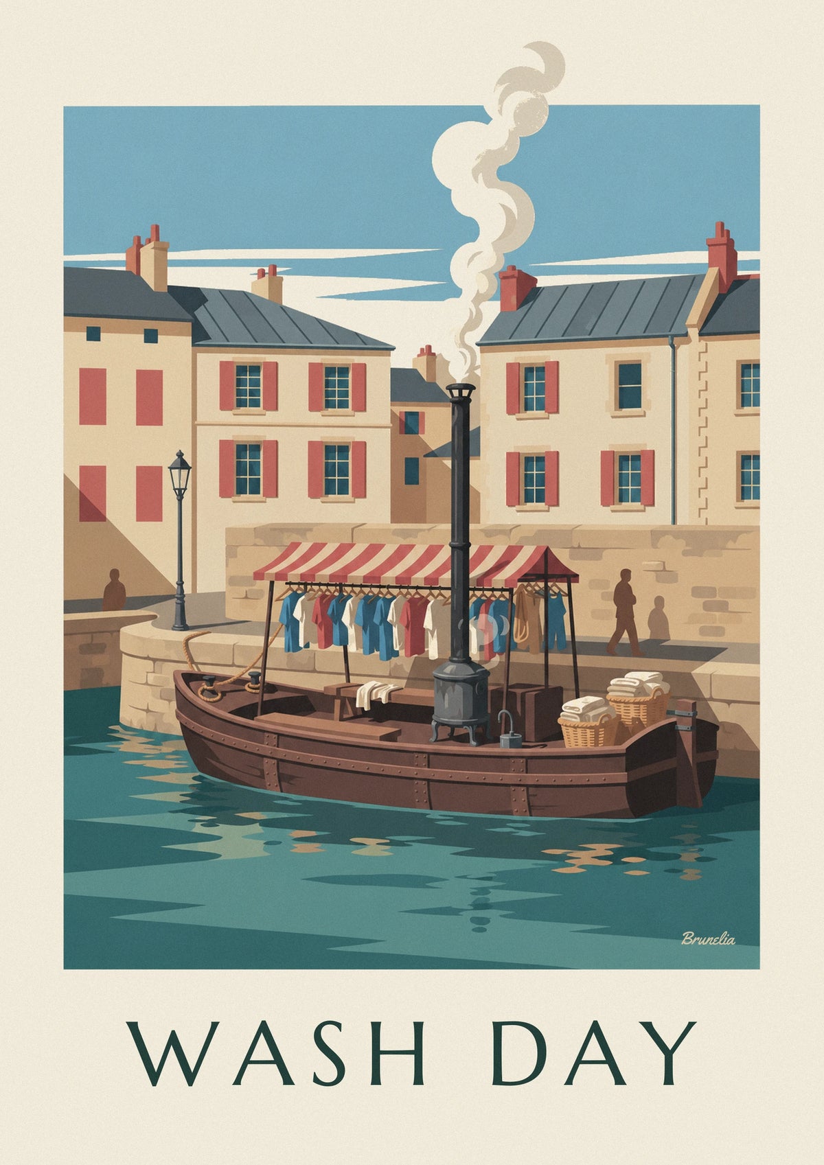 Affiche bateau-lavoir amarré au quai, chemises sous l'auvent