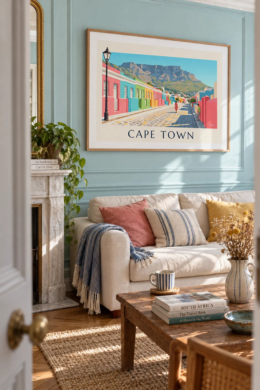 Poster of the colorful Bo-Kaap houses in Cape Town and Table Mountain: framed on the wall