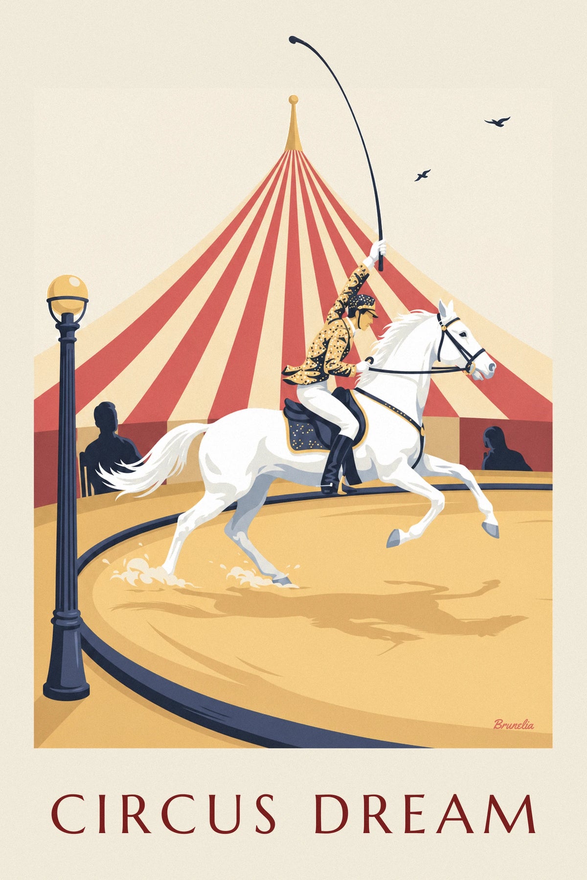 Female circus rider on a galloping white horse under the big top poster