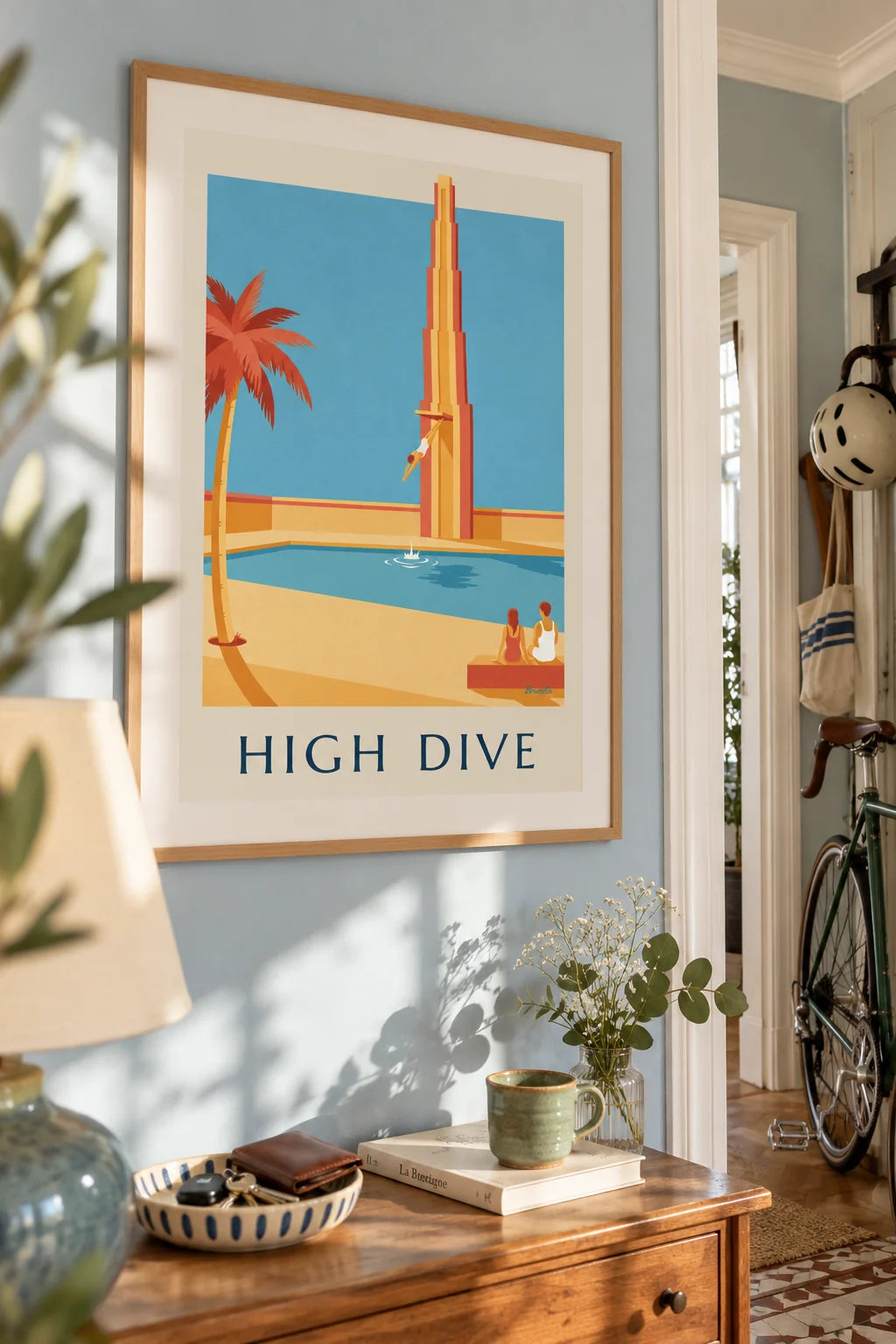 Mise en situation de Affiche plongeur en saut de l'ange au-dessus de la piscine