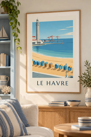 Affiche cabines de plage et arche de conteneurs du Havre : encadrée au mur