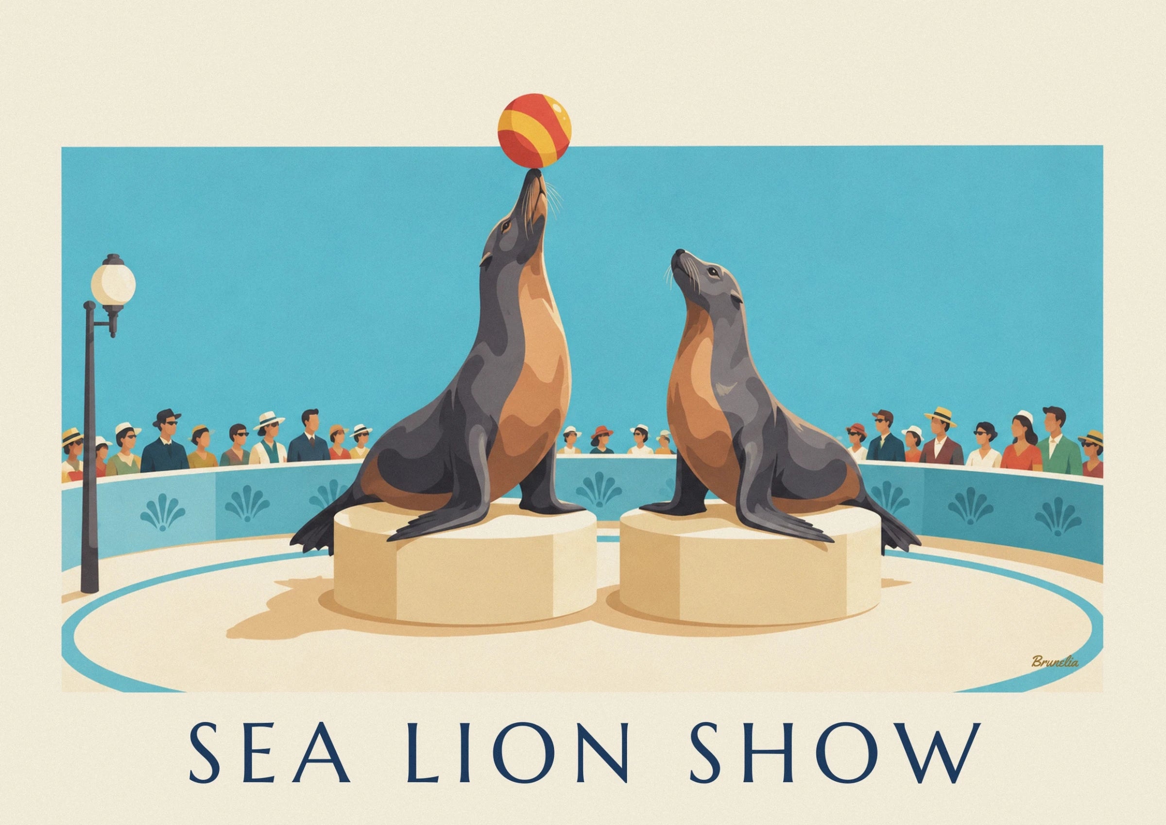 Sea lion on its plinth, balancing a red and yellow ball on its nose