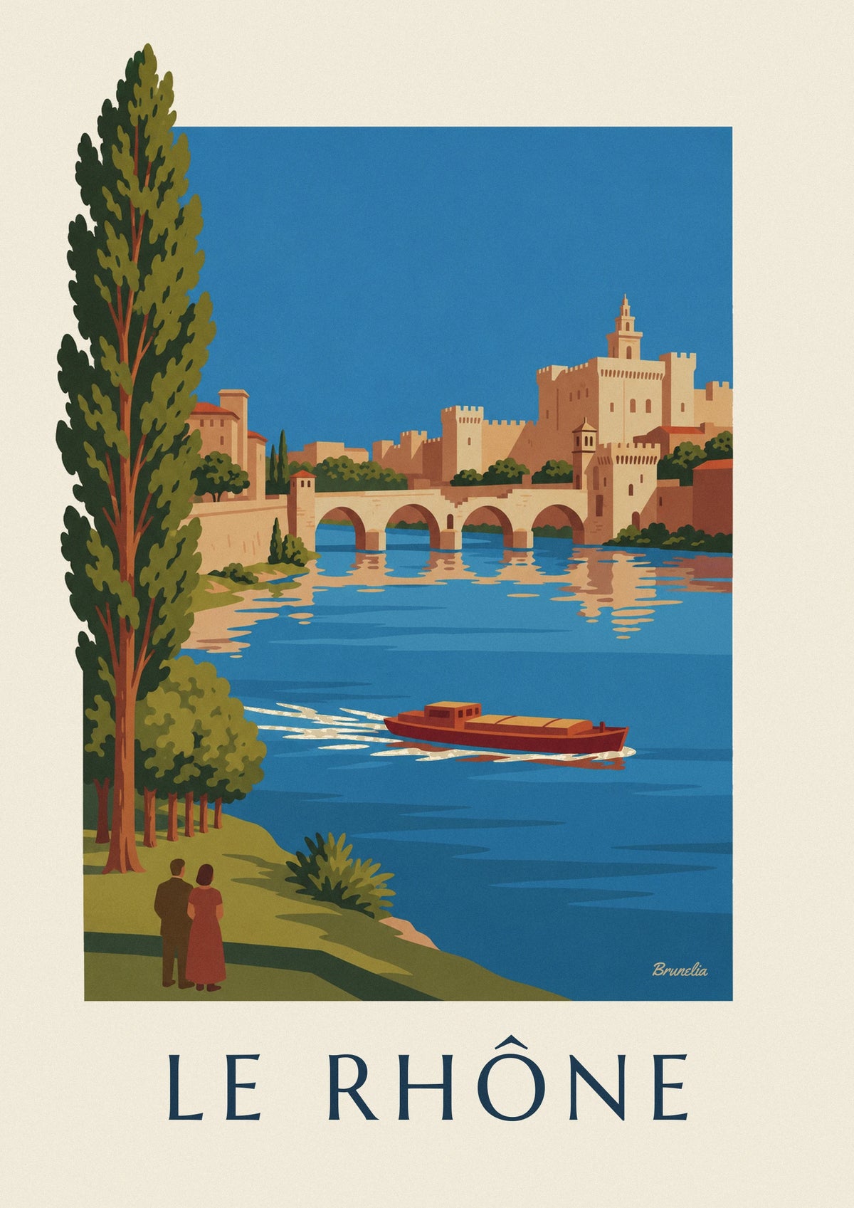 Poster chiatta sul Rodano davanti al ponte di Avignone