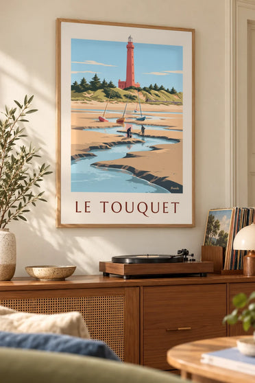 Poster faro di Le Touquet e pescatori a piedi nella baia della Canche: incorniciato alla parete