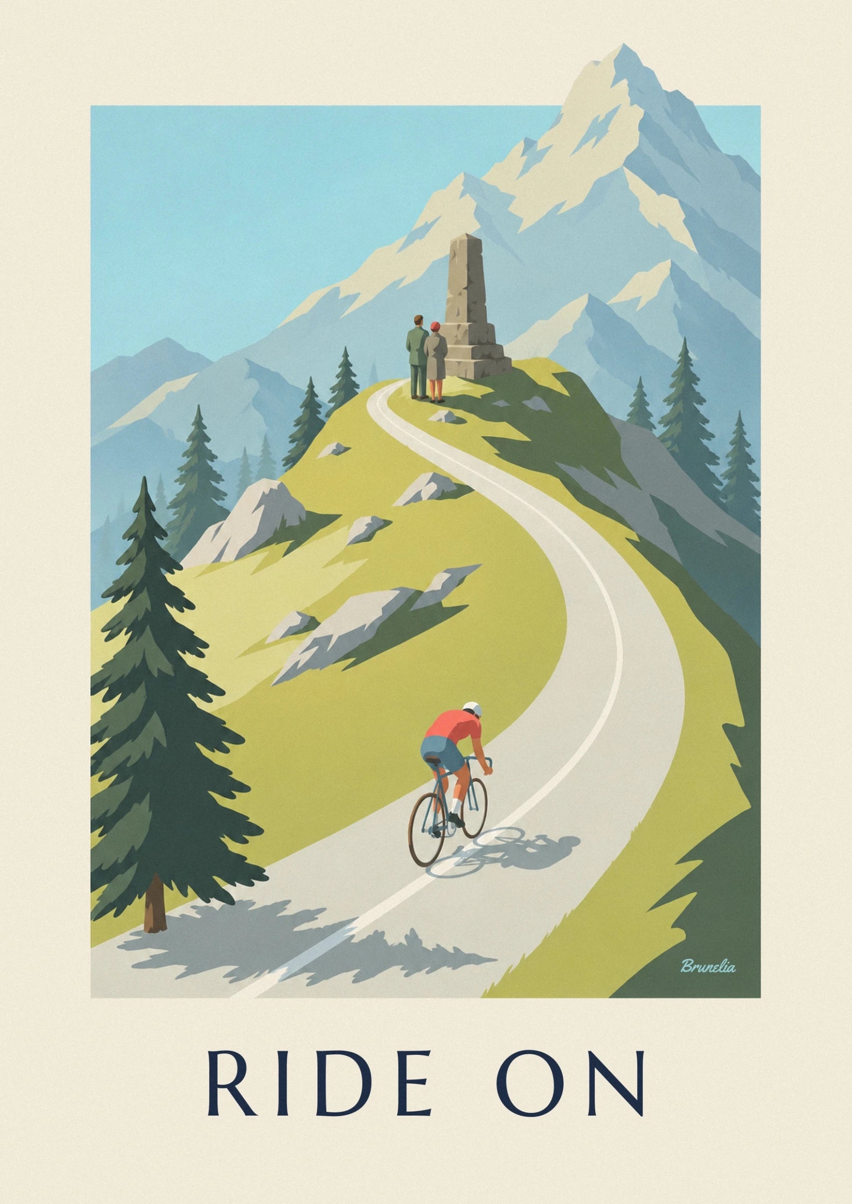 Le cycliste en maillot rouge et son vélo sur la route du col, avec leur ombre portée
