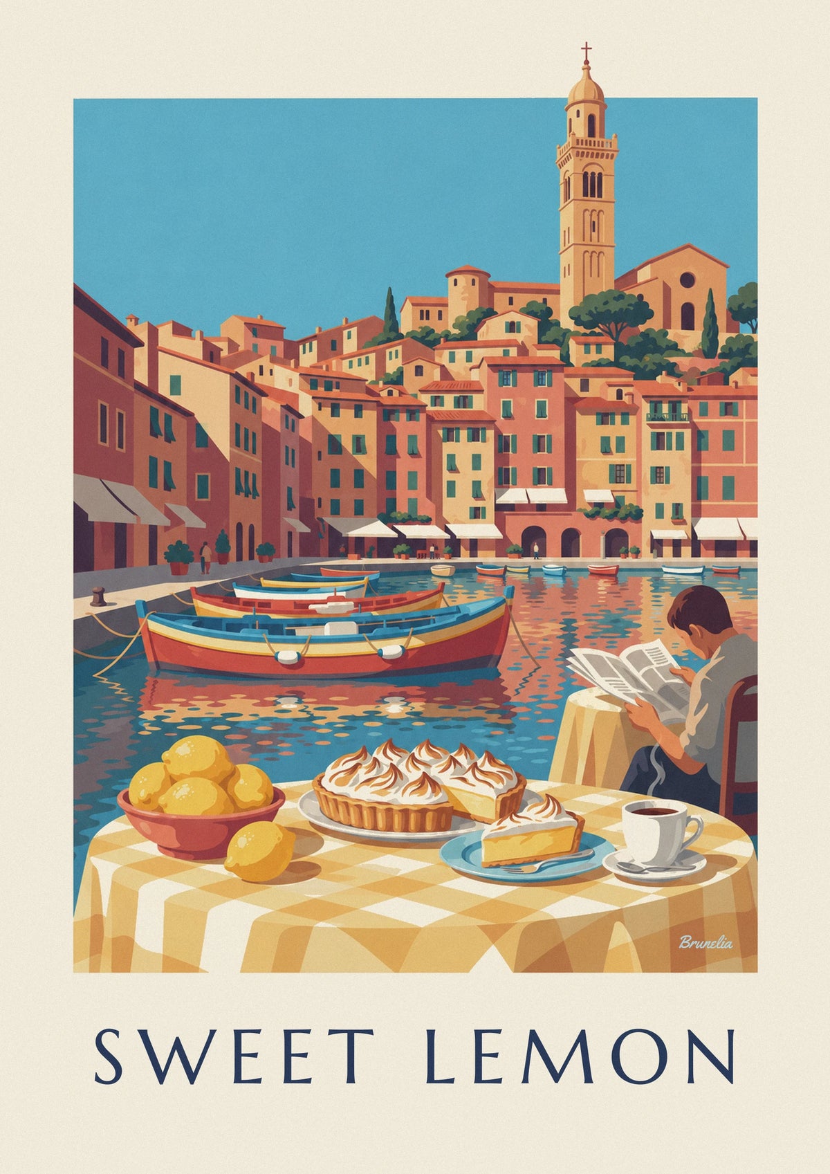 Affiche tarte au citron meringuée sur le port de Menton