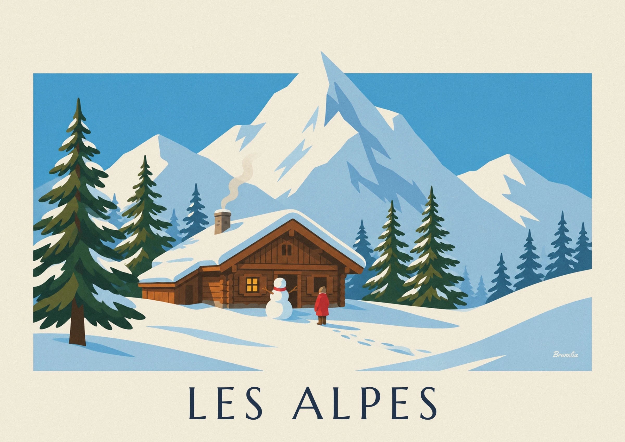 The wooden chalet beneath the snow, its snowman with a red scarf and a figure in a red coat