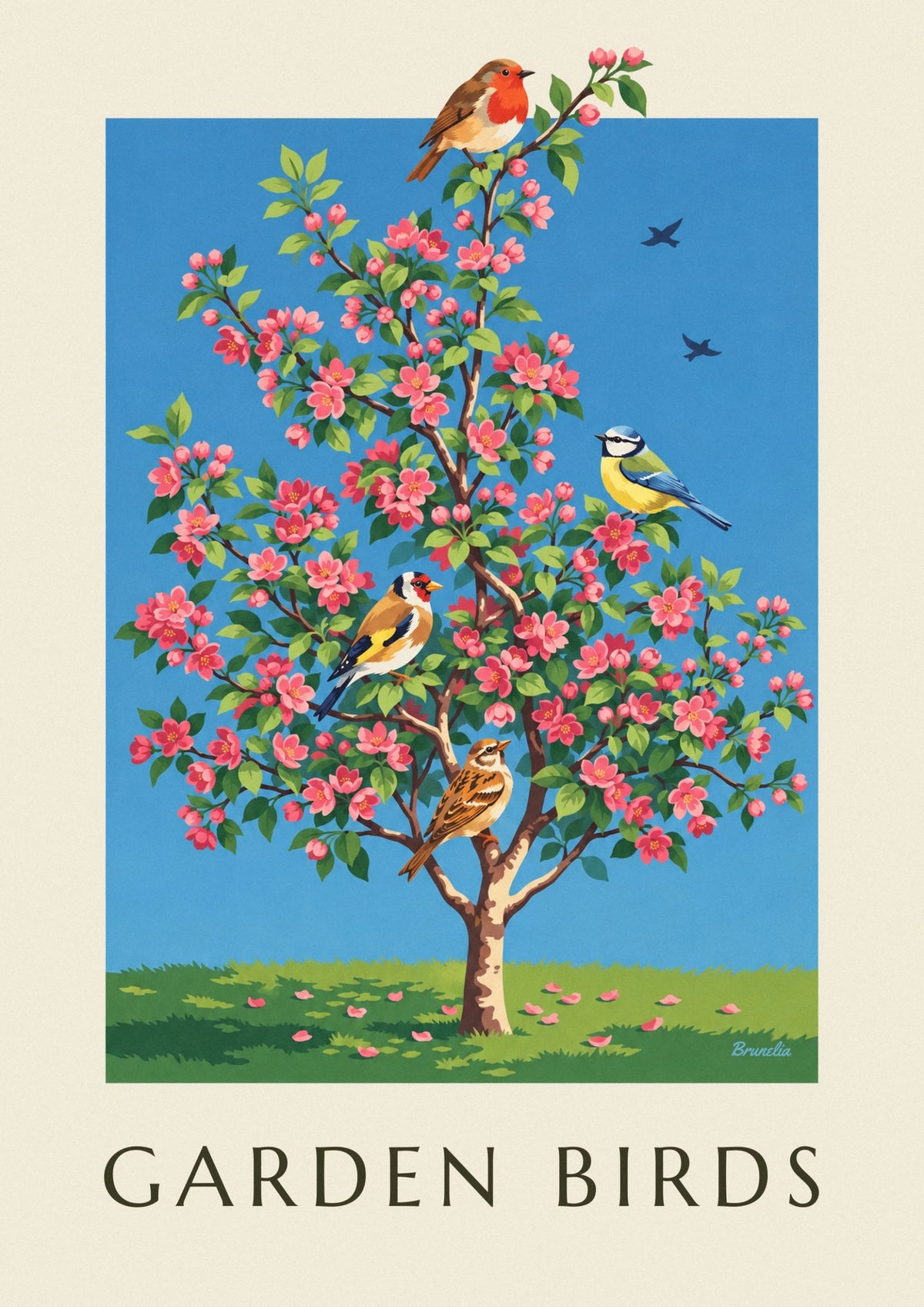 Affiche les oiseaux du jardin sur un pommier en fleurs