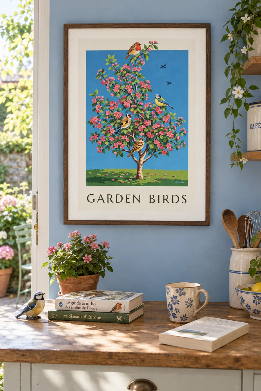 Affiche les oiseaux du jardin sur un pommier en fleurs : encadrée au mur