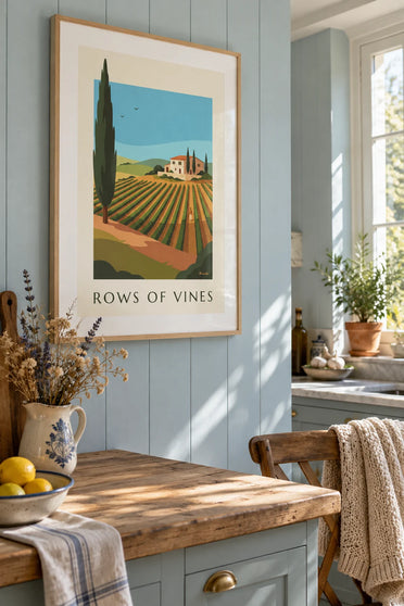 Poster of a vineyard landscape, rows of vines and cypress trees: framed on the wall