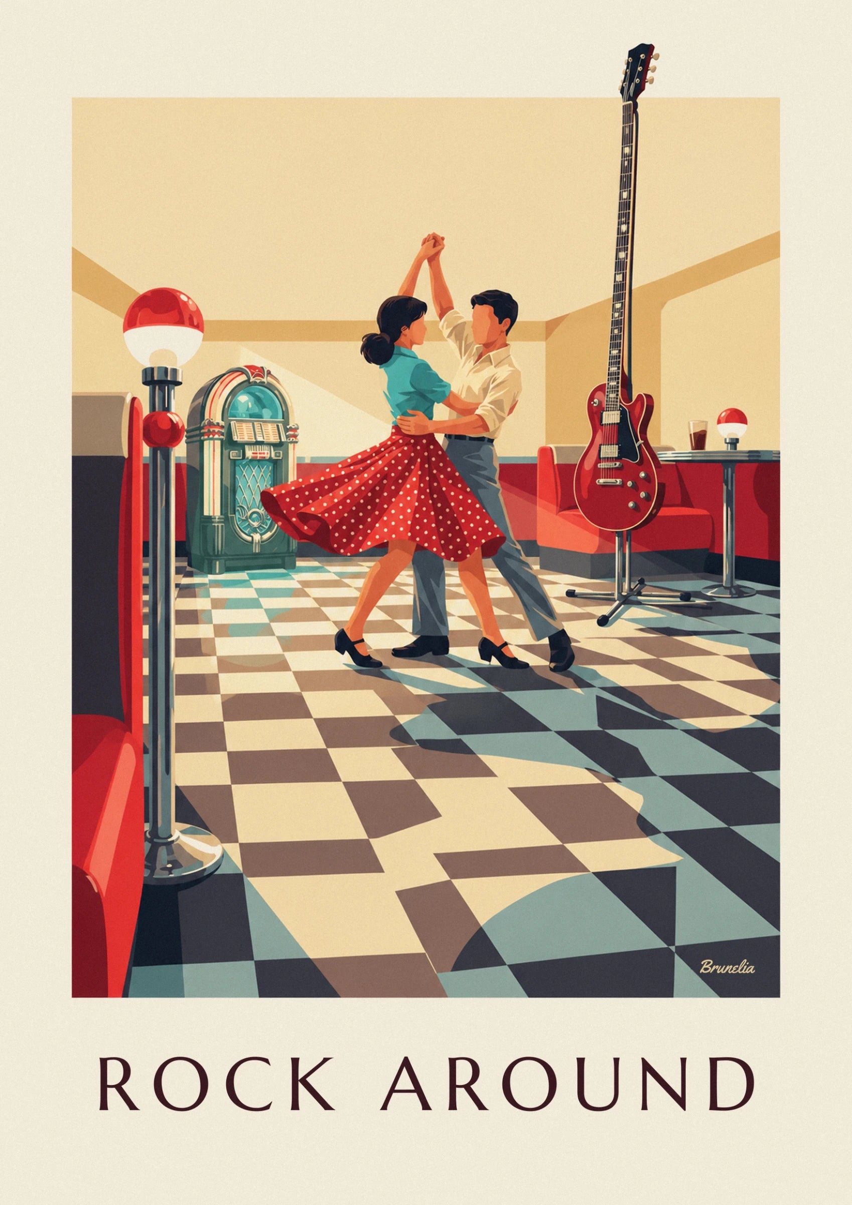 The dancing couple in a red polka dot skirt and cream shirt beside the jukebox