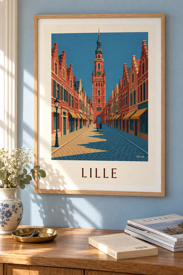 Affiche rue pavée et façades flamandes du Vieux-Lille : encadrée au mur