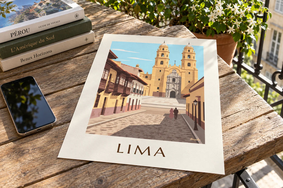Poster einer Kolonialstraße in Lima und der Basilika San Francisco: auf einem Tisch abgestellt