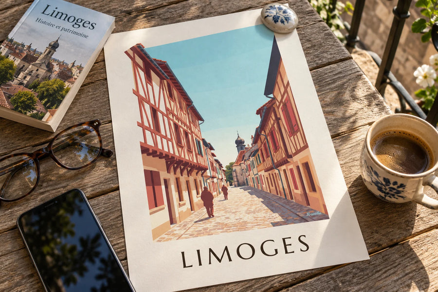 Poster Rue de la Boucherie und Kapelle Saint-Aurélien in Limoges: auf einem Tisch abgestellt