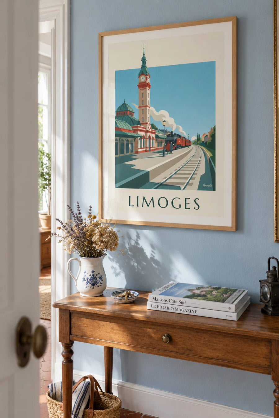 Affiche train et gare des Bénédictins de Limoges : encadrée au mur