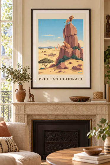 Poster con leone e leonessa su un kopje nella savana: con cornice alla parete