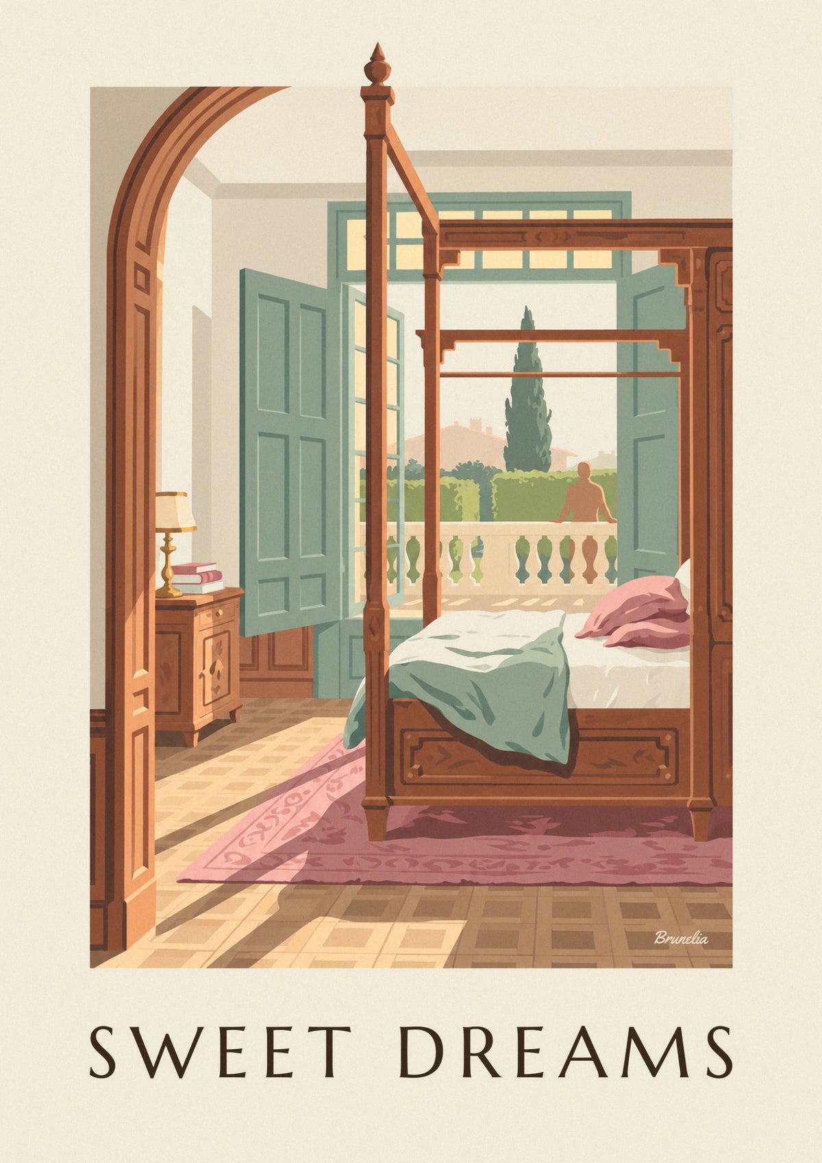 Affiche lit ancien en bois sculpté dans une chambre ensoleillée