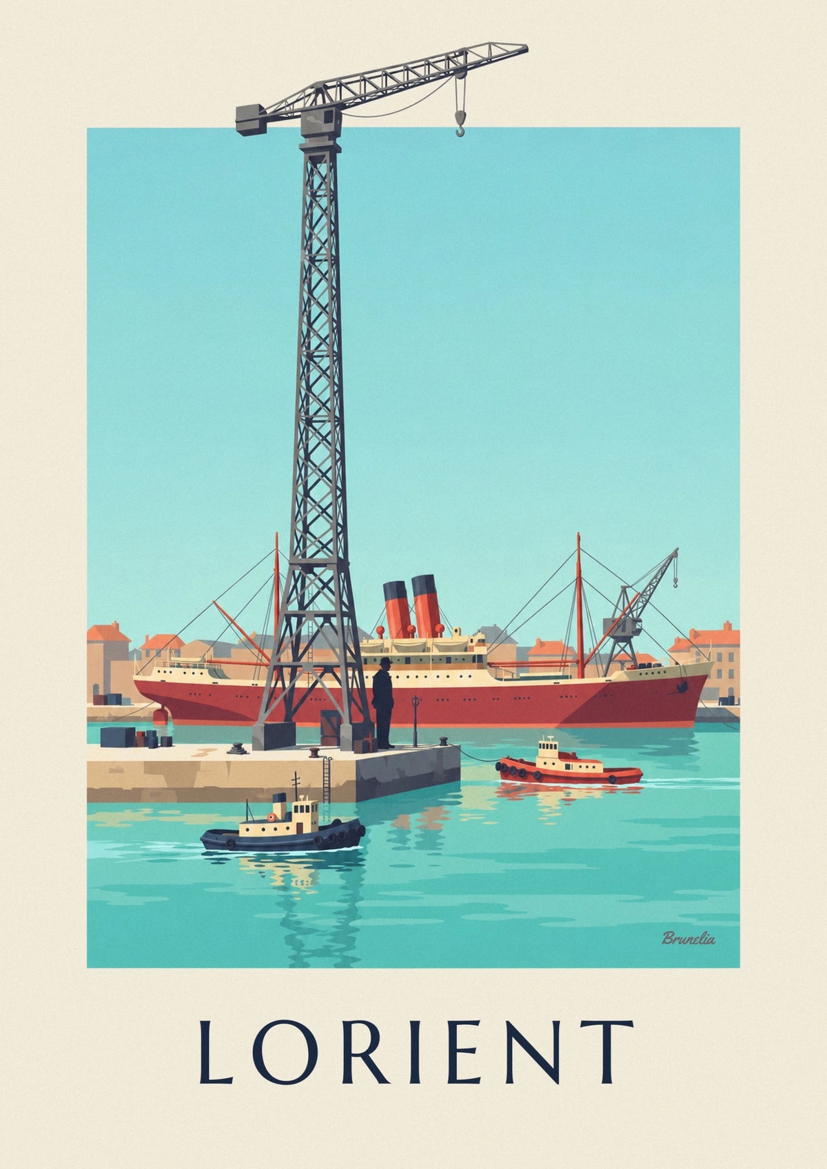 Affiche port de Lorient et navire marchand à quai